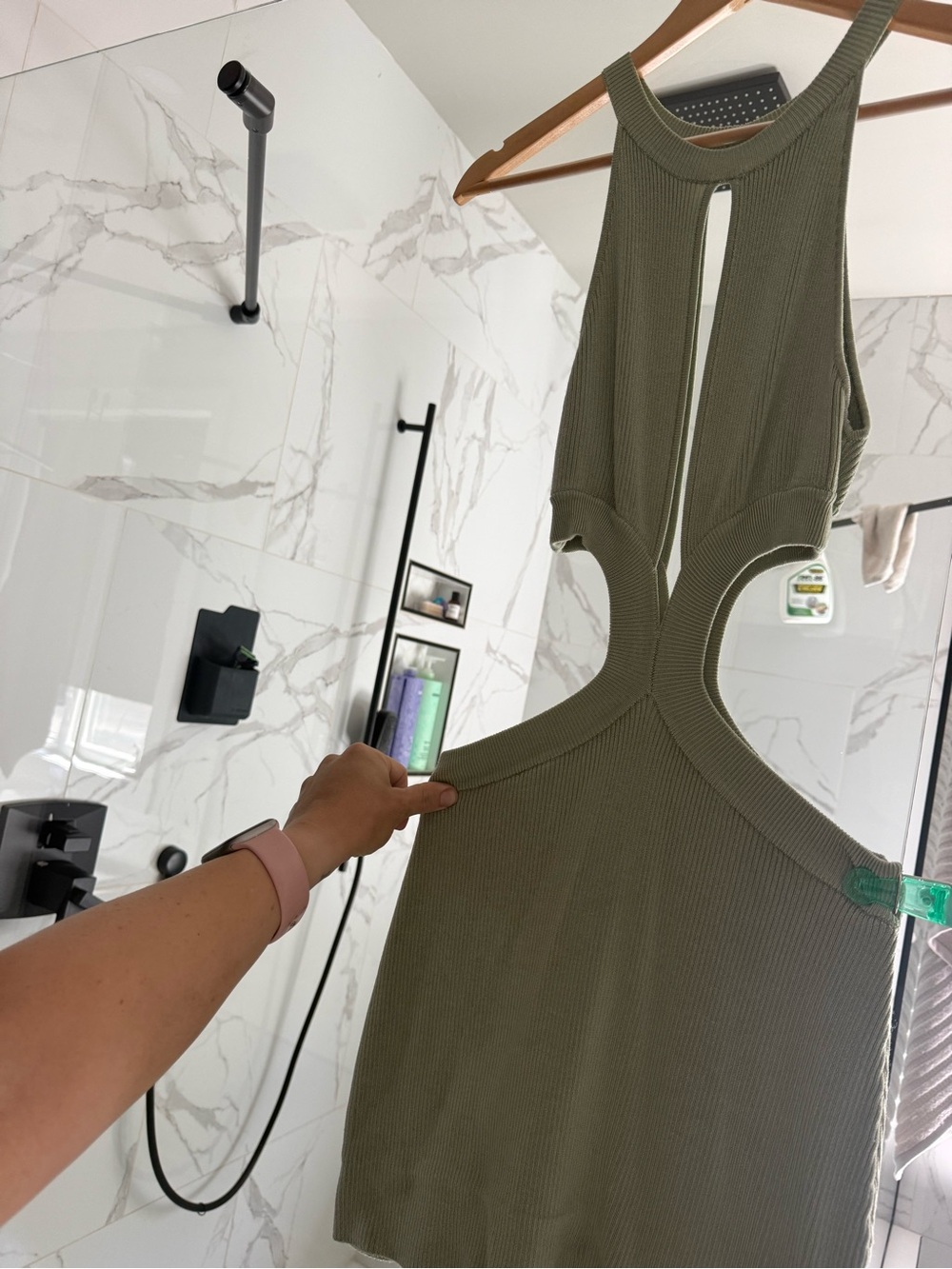 Sleeveless Olive Green Ribbed Cutout Dress